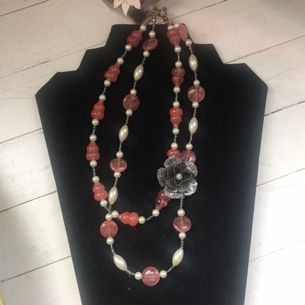 Double layer pearl and semiprecious stone necklace